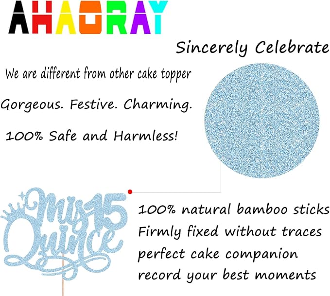 Quinceanera 15 Cake Topper - Light Blue Glitter 15th Birthday or Anniversary Party Cake Decorations for Girls, Mis A챰os 15 Cake Topper, Cheers to 15 Years Birthday Party Photo Booth Props