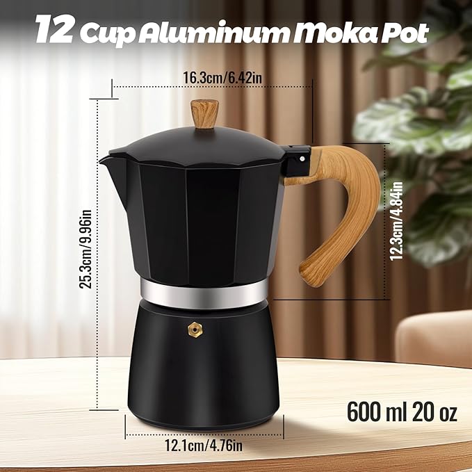 12 Cup Aluminum Moka Pot Classic Stovetop Espresso Coffee Maker 600ml 20oz Coffeemaker Percolator Mocha Pot Greca Coffee Maker Cafe Makers for Italian and Cuban Cafì±?Brewing Black