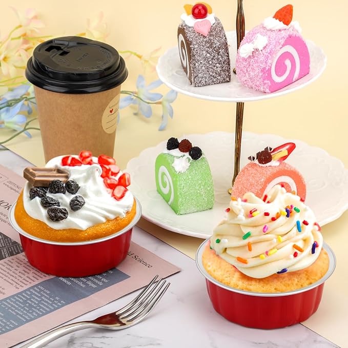 Beasea Disposable Aluminum Foil Cups 100 Pack, 8 oz 235ml 3.9" Bake Ramekin Cup Muffin Cupcake Baking Cup Mini Pudding Cups for Party Wedding Birthday - Red