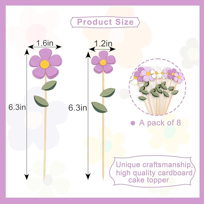 8Pcs Purple White Flowers Cake Toppers - Spring Floral Birthday Wedding Decorations,Bohemian Flower Party Cupcake Toppers,Purple Daisy Floral Cake Centerpieces,Sweet Garden Party Photo Props
