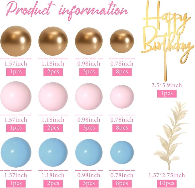 MIAHART Ball Cake Toppers Boho Grass Cake Topper Ball Cake Insert Decoration for Birthday Wedding Baby Shower Party Decorations Boho Themed Party Supplies (light blue竊똤old竊똪ight pink)