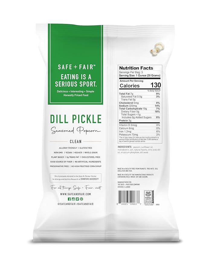 Safe + Fair Plant Based Gourmet Dill Pickle Seasoned Popcorn - Dill Pickle Seasoned Popcorn Non-GMO + Gluten Free + Vegan + Kosher Snacks (3 oz bag - 6 pack case)