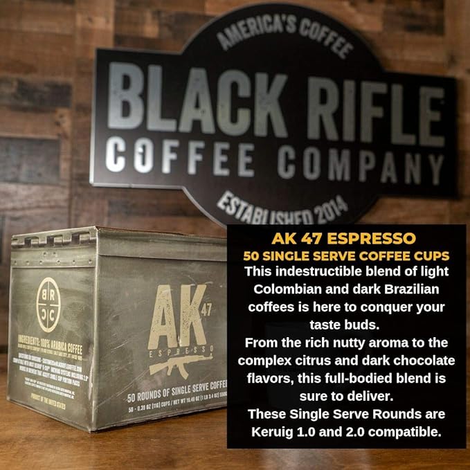 Black Rifle Coffee Company Medium Roast K Cups - Single Serve K Cups Coffee Pods - Kcup Pods Compatible with Keurig 1.0 & 2.0 - Made from Pure Arabica Beans (AK Espresso, 50 Count)