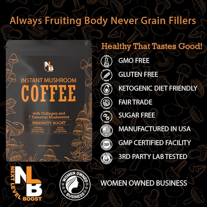 Immunity Boost Organic mushroom Instant Coffee - 10 x 9g Packets - Healthy Coffee alternative and Substitute - With Chaga, Collagen, Lions Mane and Antioxidant
