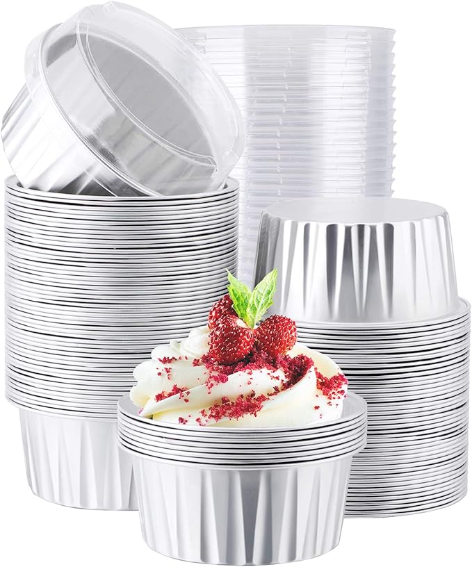 EUSOAR Foil Ramekins with Lids, 5oz 100pcs Aluminum Foil Cupcake Liners, Muffin Liners Cups with Lids, Cupcake Baking Cups Holders Cases Boxes Pans