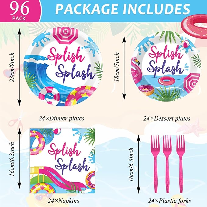 96Pcs Pink Splish Splash Plates and Napkins Summer Pool Birthday Party Decorations Splish Splash Bash Dessert Plates Summer Beach Tableware for 24 Guests Girls Hawaiian Party Supplies