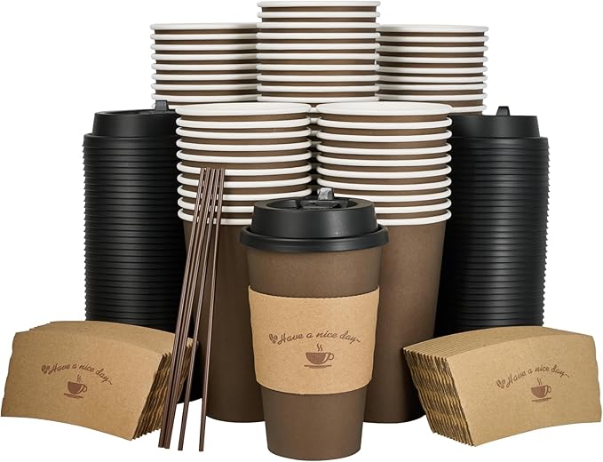LITOPAK 100 Pack 16 oz Paper Coffee Cups, Brown Disposable Coffee Cups with Lids, Sleeves, Sticks, Drinking Cups for Hot Coffee, Water or Juice, Hot Paper Cups for Home, Restaurant, and Store