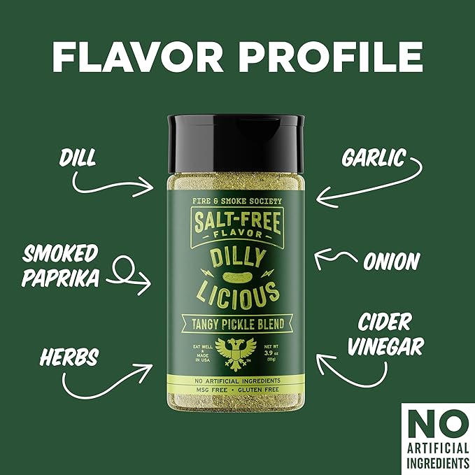 Fire & Smoke Society Salt-Free Dilly Licious Seasoning Blend | All Purpose Seasoning | Chicken, Fish, Potatoes, Veggies | Garlic, Onion, Dill | M 3.9 oz