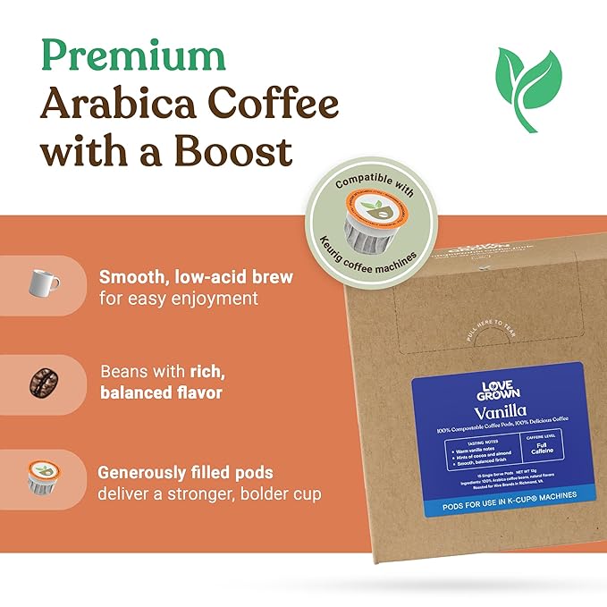 Love Grown Compostable Coffee Pods - Compatible with Single-Serve Brewing Machines - 100% Arabica Beans, Plastic-Free, Gluten-Free, Non-GMO - Vanilla, Box of 15
