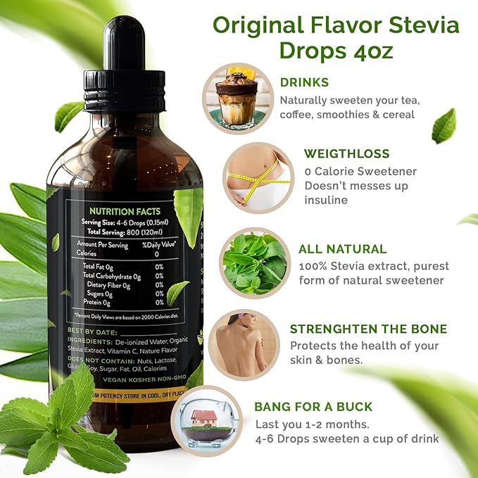 Enzo Liquid Stevia Drops Our Zero Calories Sweetener (4oz - 800 Servings/Bottle) - Chocolate - All Natural flavoring with No Artificial Additives & Filler Ingredient