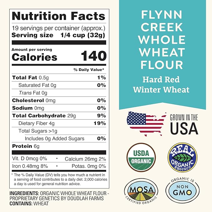 Organic Whole Wheat Flour 1.5 lb - Non-GMO, Pesticide-Free, Regenerative Organic Certified for Baking Bread, Pizza, Pasta, & More by Doudlah Farms