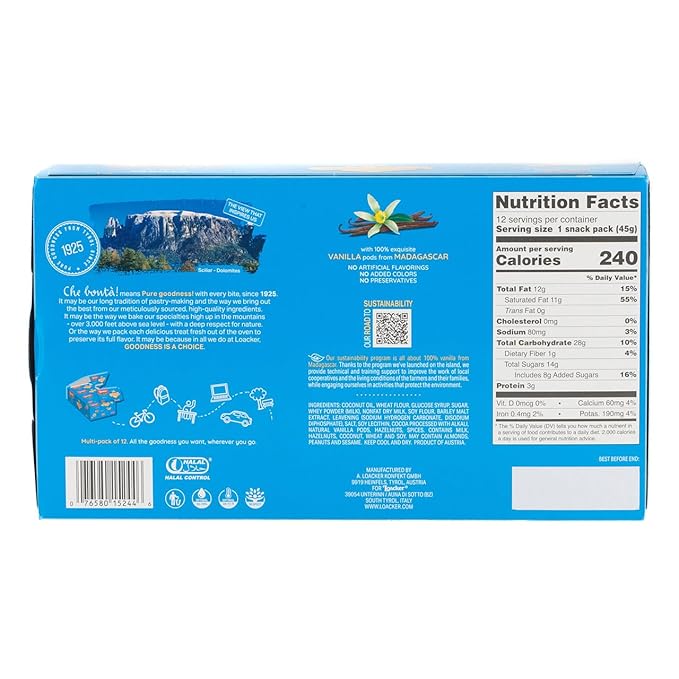 Loacker Classic Vanilla Wafers - Premium Crispy Vanilla Wafer Cookies with Cream Filling - Multipack of 12 Snack Packs - NON-GMO - Sustainably Sourced - 45g/1.59oz, Pack of 12
