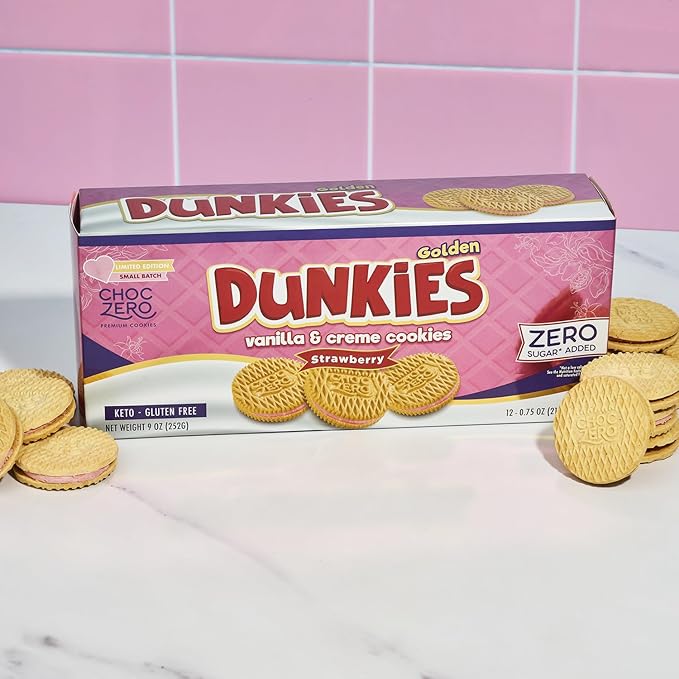 ChocZero Strawberry Creme Dunkies, Gluten Free, Low Sugar, Keto Strawberry Vanilla Sandwich Cookies, 9 oz