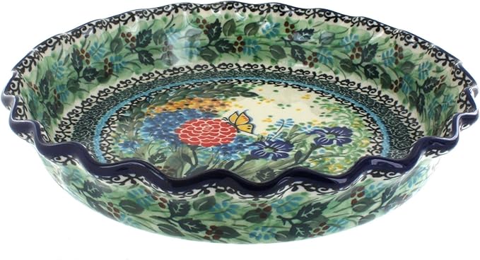 Blue Rose Polish Pottery - Blue Teresa Pie Plate - 10" Diameter - Ceramic Baking Dish, For Pies, Quiches & Desserts
