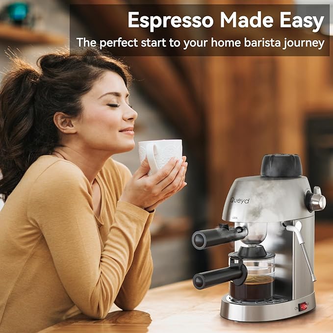 Queyd 3.5 Bar Espresso Machine,4-Cup Stainless Steel Coffee Maker with Steam Milk Frother, Compact Design Coffee Machine with Removable Drip Tray for Latte and Cappuccino, Silver