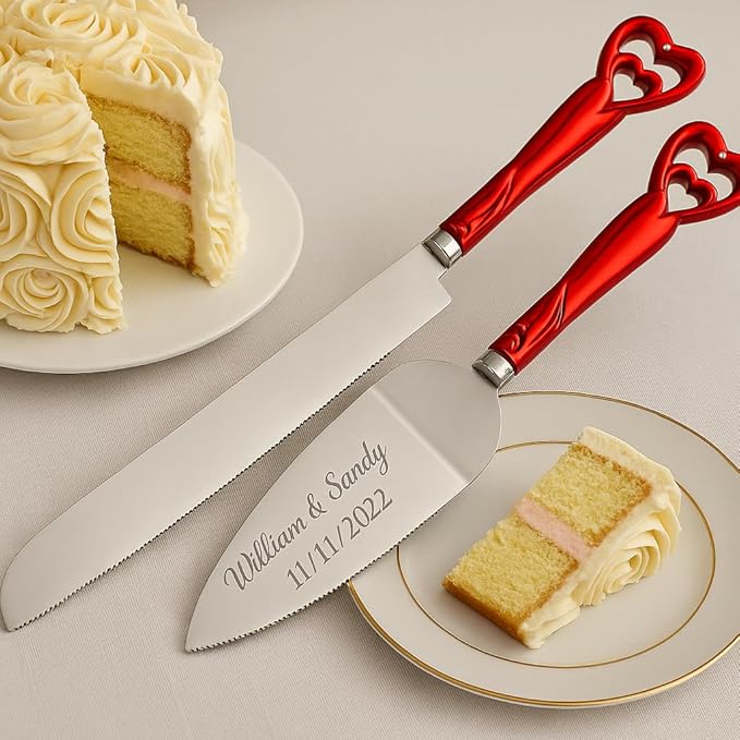 GIFTS INFINITY Personalized Wedding Cake Knife and Server Set Free Engraving - Valentine's, Wedding, Bithday (2541-RD)