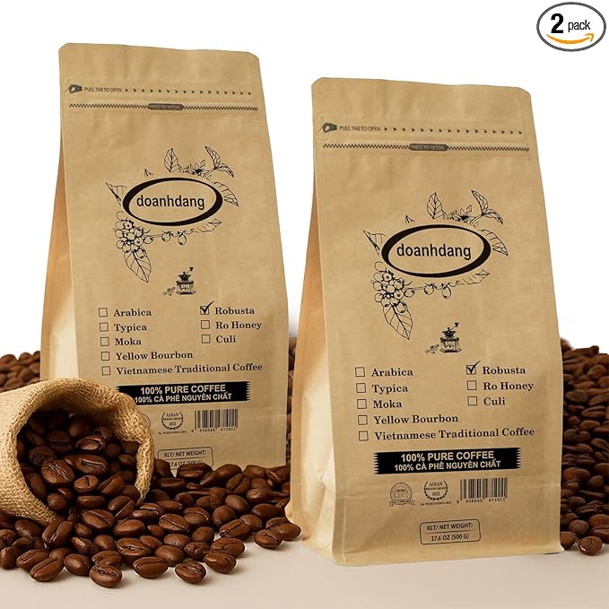doanhdang - Pack of 2 (2.2 lbs) Premium Robusta Whole Bean Coffee, 100% Robusta Medium Roast, Rich Flavor for Espresso Shot and Brew, Origin from Vietnam, Whole Med Roast Beans