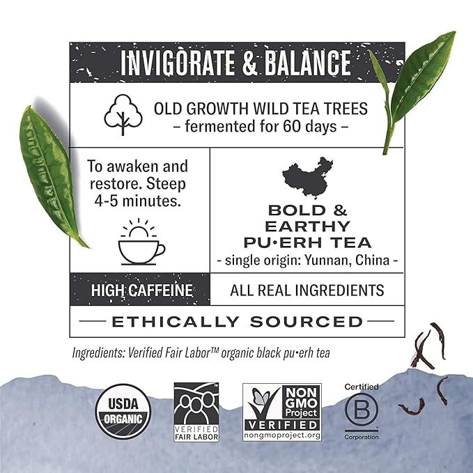 Numi Organic Emperor's Pu-erh Tea, 48 Dark Tea Bags, Aged Fermented Yunnan Black Tea, Caffeinated