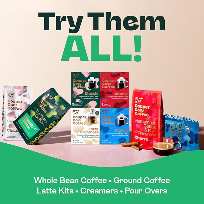Copper Cow Coffee Pour Over Vietnamese Ground Coffee Pouches + Sweetened Condensed Milk Creamers (8 Coffees & 8 Milk Creamers) | Churro Lattes, No Refrigeration Needed