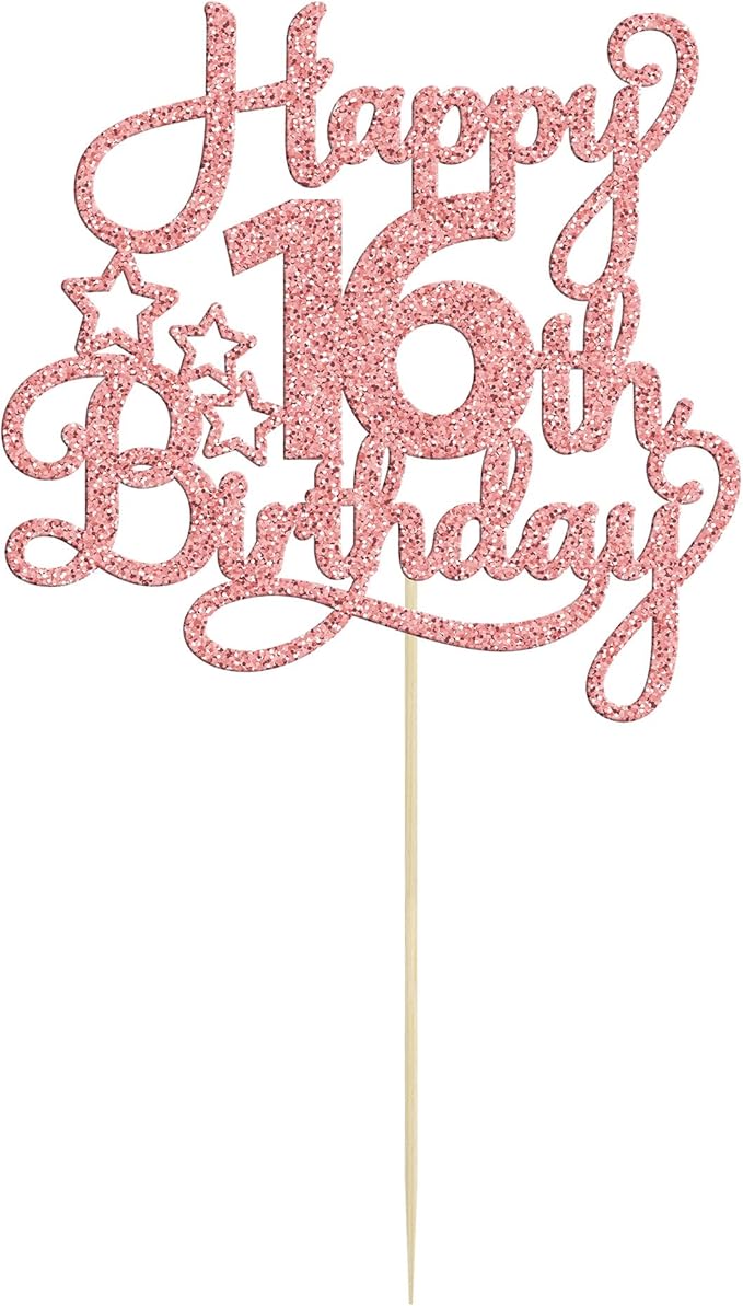1 Pack Happy 16th Birthday Cake Topper Glitter Sweet 16 Cake Pick Birthday 16th Birthday Cake Decorations for Children 16th Theme Party Supplies Rose Gold