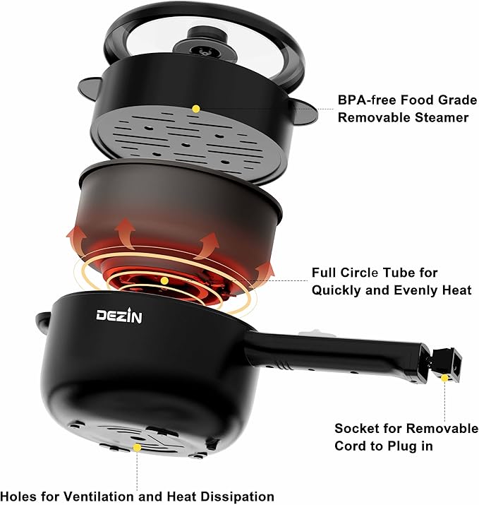 Dezin Electric Cooker, 2L Non-Stick Saut챕 Pan, Rapid Noodles Cooker, Mini Pot for Steak, Egg, Fried Rice, Ramen, Oatmeal, Soup with Power Adjustment, College Dorm Room Essential(Egg Rack Included)
