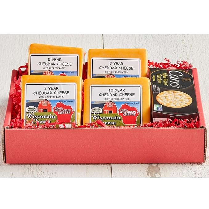 Wisconsin Cheese Company - 100% Wisconsin Aged Cheddar Cheese & Cracker Gift Box - Aged Cheddar (3 Year, 5 Year, 8 Year & 10 Year) | Premium Wisconsin Cheese | Large Gift Box | Perfect for Parties, Charcuterie Boards and Birthday Gifts