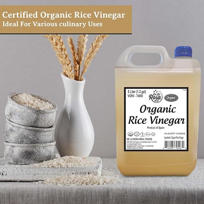 De La Rosa Organic Rice Vinegar 5% Acidity, Kosher, Rice Vinegar for Cooking, Sushi, Salad Dressings and More | Sugar-Free Rice Vinegar - 5 Liter (Pack of 1)