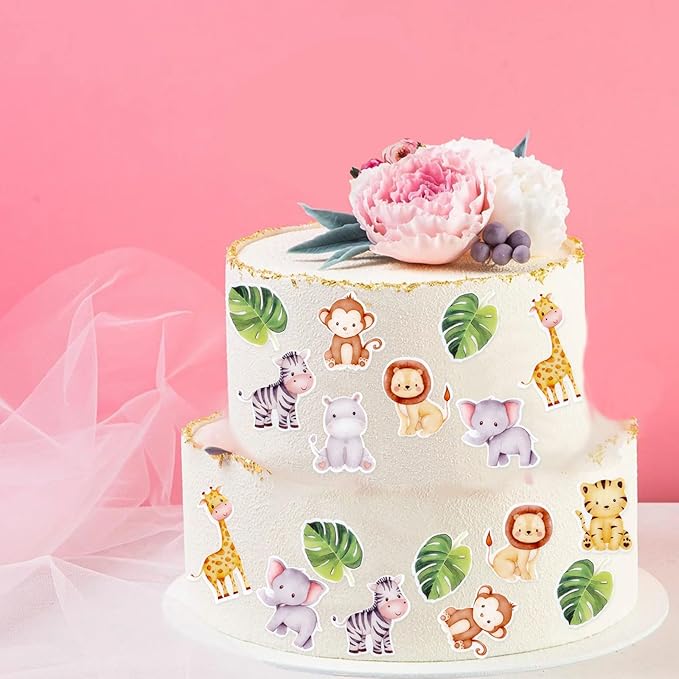 40Pcs Edible Jungle Safari Animal Theme Cupcake Toppers Wafer Paper Jungle Safari Animal Cupcake Toppers Drink Topper Dessert Muffin Cake Picks Cake Decoration for Children Birthday Party Decoration