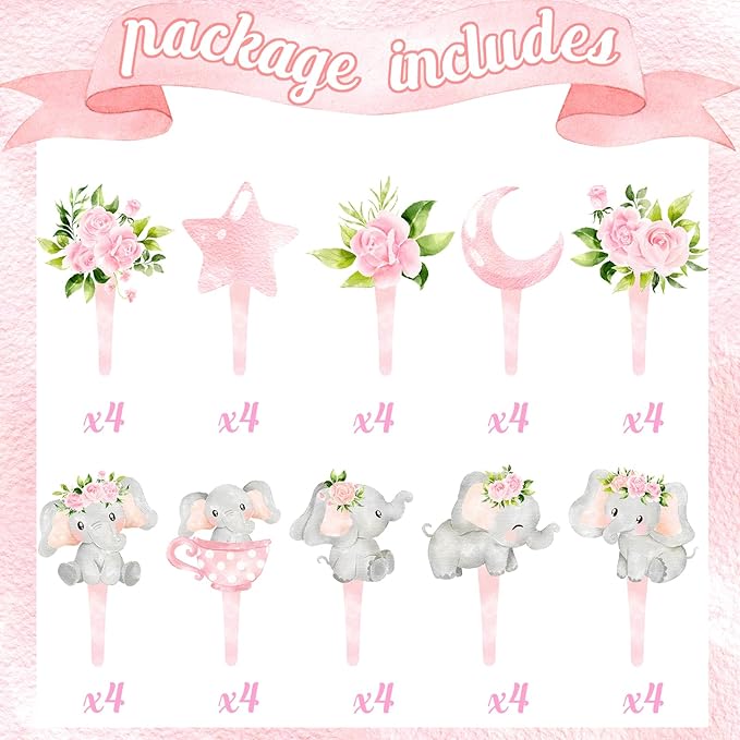 40 Pcs Girl Elephant Cupcake Toppers - Adorable Elephant Party Decorations and Baby Shower Cake Decor - Perfect for Girl Elephant Birthday Cupcake Toppers, Baby Shower, and Pink Elephant Party