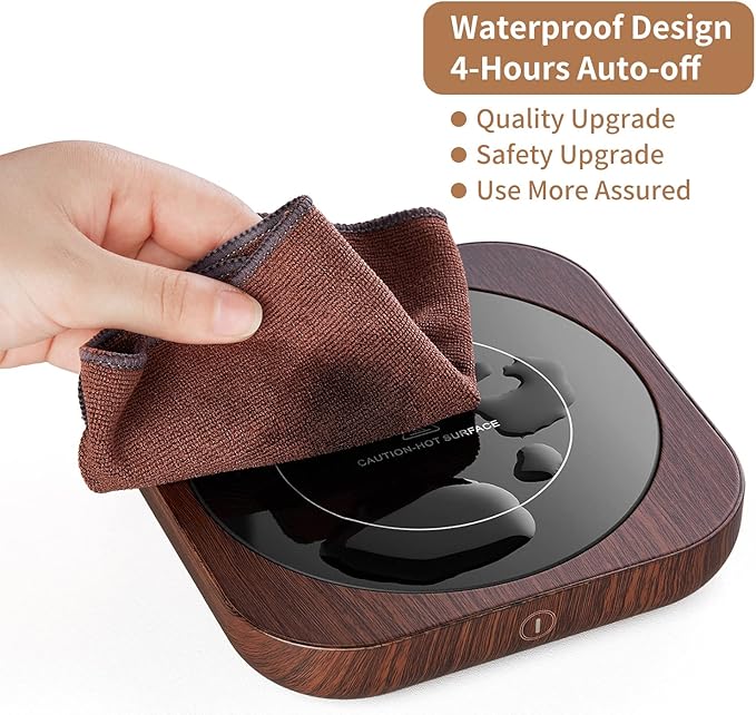 Coffee Mug Warmer with Auto Shut Off, 3 Temperature Settings, Brown Wood Grain Design, Electric Beverage Heater with Borosilicate Glass Panel, 54-Inch Cord, Fits Mugs, Teapots, and Cups
