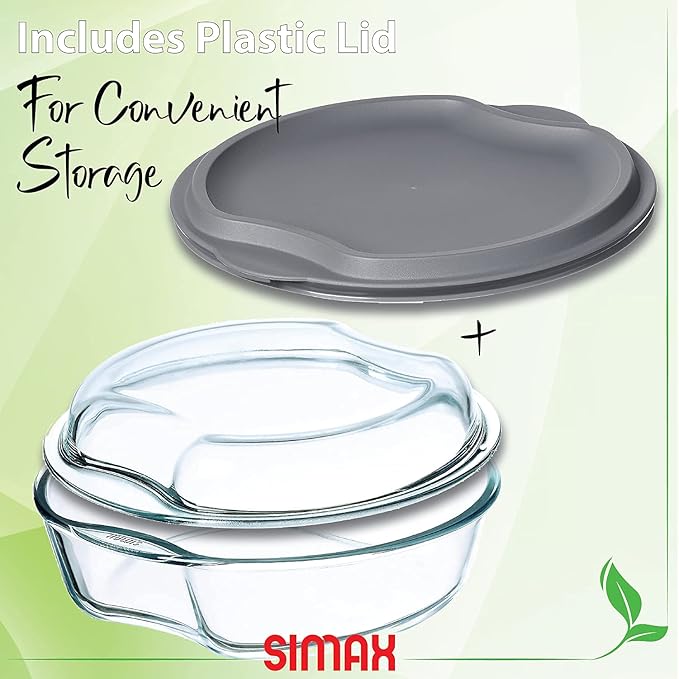 Simax Casserole Dish For Oven: Round Glass Casserole Set With Lids,1 Glass and 1 Plastic Cover ??Clear Baking Pan,Borosilicate Glassware,2.5 Quart Capacity Plus 1.5 Quart Lid