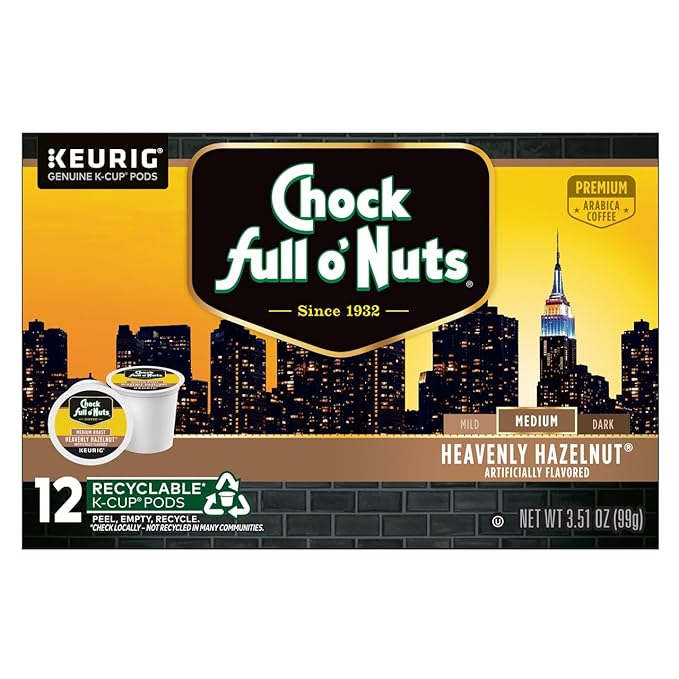 Chock Full o'Nuts Heavenly Hazelnut Coffee, Compatible with K-Cup Pods, 12 CT (Pack of 2)