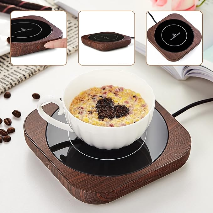 Coffee Mug Warmer with Auto Shut Off, 3 Temperature Settings, Brown Wood Grain Design, Electric Beverage Heater with Borosilicate Glass Panel, 54-Inch Cord, Fits Mugs, Teapots, and Cups