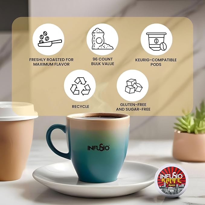 InfuSio Coffee Pods 96 Count Kahfe Liqueur Flavored Medium Roast Single serve Coffee pods for Keurig K Cups Brewers - InfuSio Premium Roasted Keurig 2.0 Compatible