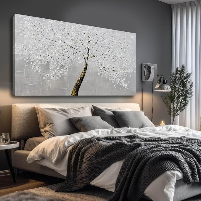 VAYIMDH Botanical Wall Decor for Living Room White with Gold Painting on Canvas Floral Wall Art Nature Artwork for Office Home 29"x 58" Hand Painted