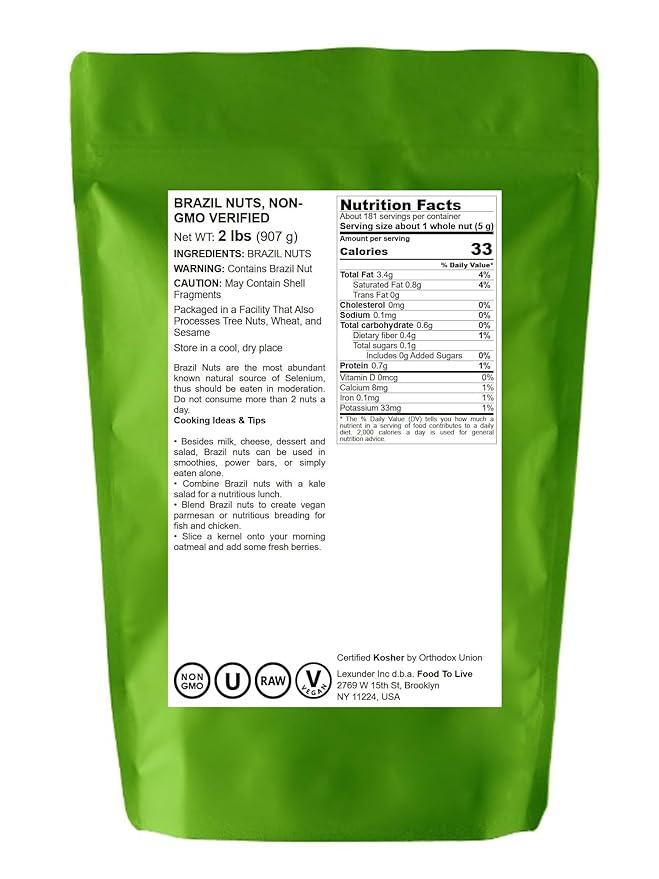 Food to Live- Brazil Nuts, 2 Pounds Non-GMO Verified, Raw, Whole, No Shell, Unsalted, Kosher, Vegan, Keto and Paleo Friendly, Bulk, Good Source of Selenium, Low Sodium and Low Carb Food.
