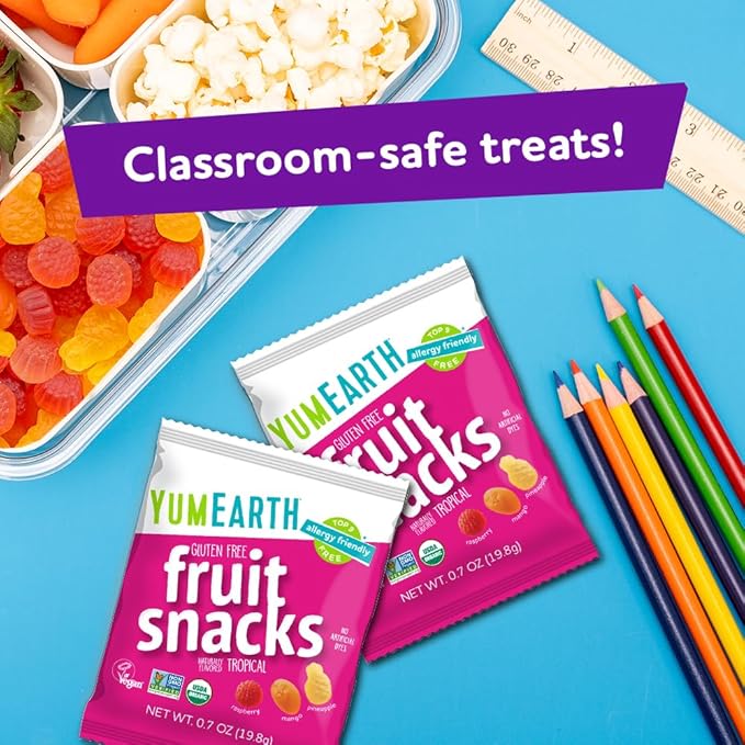 YumEarth Organic Assorted Tropical Flavor Fruit Snacks - Allergy Friendly (Top 9 Free), No Artificial Dyes or Flavors, Non GMO, Gluten Free, Vegan Candy Snacks - 0.7 Ounce (Pack of 5)