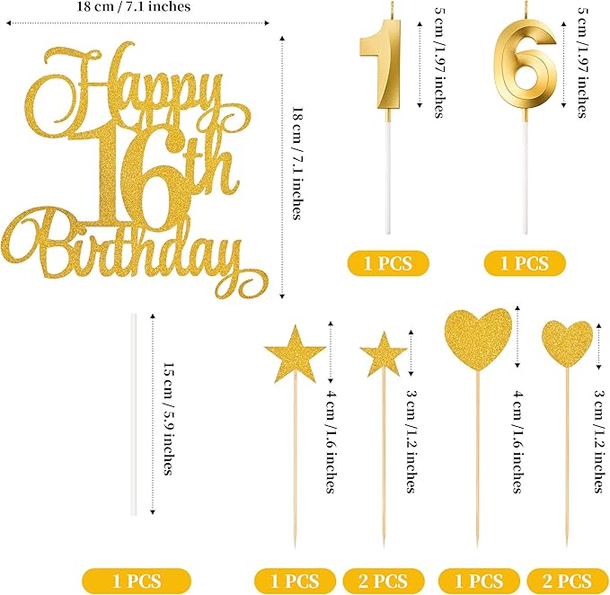 16th Birthday Cake Decorations, 16th Birthday Candles Cake Numeral Candles and Glitter Happy 16th Birthday Cake Toppers Set for Birthday Party Supplies (Golden)