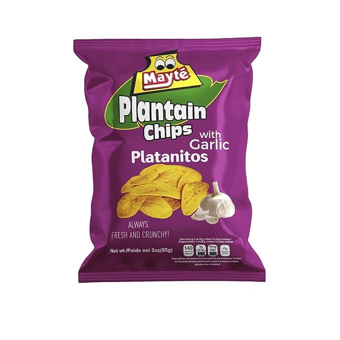 Mayté Garlic Plantain Chips – 30 Individual Packs (3oz Each) – Crunchy, Savory, and Healthy Snacks Made from Real Plantains – Non-GMO, Gluten-Free, Kosher – No Preservatives or Artificial Colors