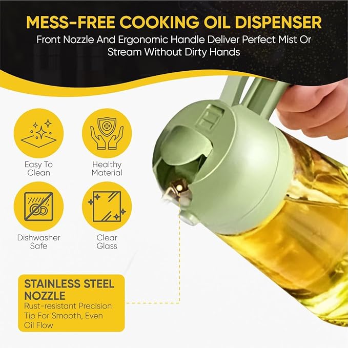 2-in-1 Olive Oil Dispenser Bottle, Spray and Pour, Multi-Use Kitchen Gadget, Food-Grade, Salad Dressing, Air Fryer, Healthy, BBQ, Barbecue (Green)