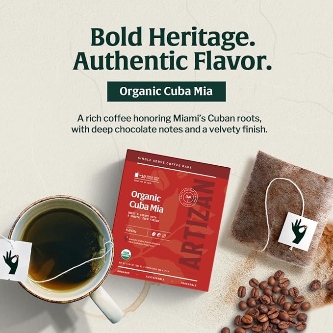 Artizan Organic Single-Serve Coffee Bags – Cuba Mia Blend | Full City Roast | 10 Count | On-the-Go Convenience - No Equipment Needed | Specialty Grade, Craft Roasted, Nitro-Sealed, Compostable