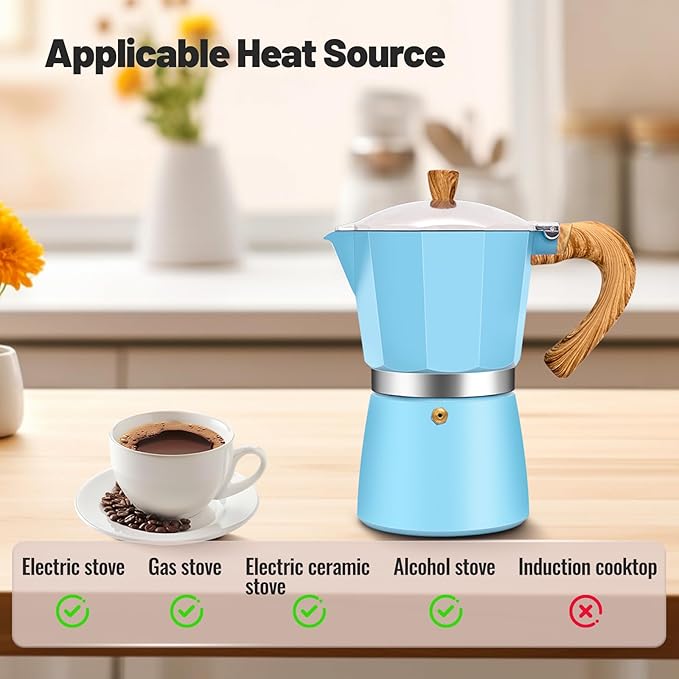 9 Cup Aluminum Moka Pot Classic Stovetop Espresso Coffee Maker 450ml 15oz Coffeemaker Percolator Mocha Pot Greca Coffee Maker Cafe Makers for Italian and Cuban Cafì±?Brewing Blue