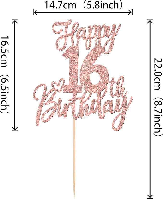 1 PCS Happy 16th Birthday Cake Topper Glitter Cheers to 16 Years Birthday Cake Pick Sixteen Sweet 16 Cake Decoration for Happy 16th Birthday Anniversary Theme Party Decorations Supplies Rose Gold