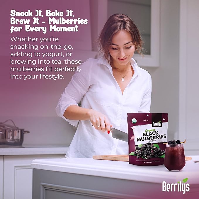 Berrilys Organic Dried Mulberries, Black, Dried Mulberry, Non-GMO, Unsulfured, Raw, 10 oz, Healthy Snacking, Great Ingredient for Baking Purposes, Vegan, Natural