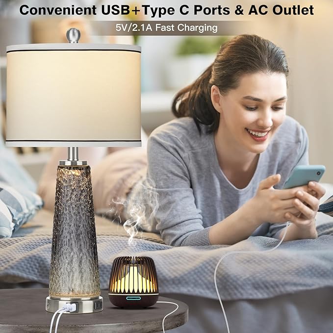 Glass Table Lamp Set of 2, 26" Modern Table Lamps with USB A+C Ports & AC Outlet, Touch Control Bedside Nightstand Lamp with LED Night Light for Living Room Bedroom Home Decor Black(4 Bulbs Included)