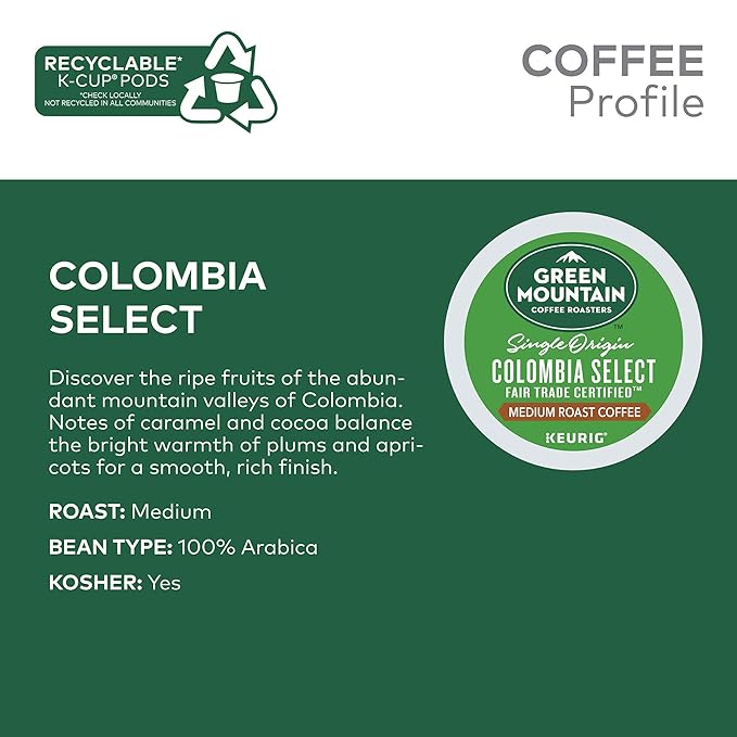 Green Mountain Coffee Roasters Colombia Select Keurig Single-Serve K-Cup Pods, Medium Roast Coffee, 72 Count