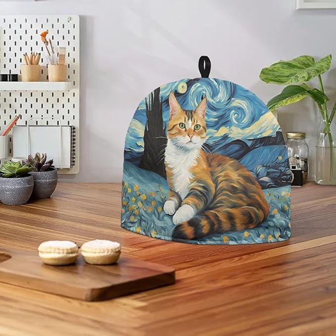 Cute Cat Tea Cozy for Teapot,Starry Night Oil Paint Tea Cosy with Handle Hanging Teapot Dust Cover Novelty Kitchen Kettle Dust Cover Tea Pot Cover for Home Decoration竊뉰lue竊?,<div>
