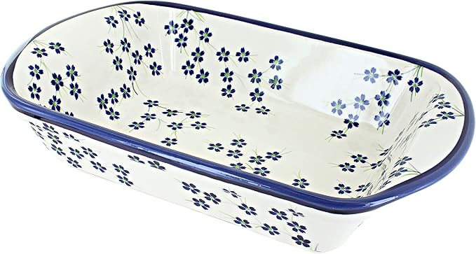 Blue Rose Polish Pottery - Blue Willow Large Rectangular Baker with Handles - 9" x 6.5" - Unique, Dishwasher Safe, & Durable Bakeware