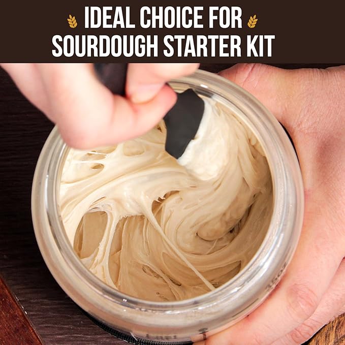 Sourdough Starter Jar, 35 oz Sourdough Starter Kit with Date Marker Feeding Band, Thermometer, Food-Grade Scraper, Cloth Cover and Acacia Wood Lid, Sourdough Bread Baking Supplies
