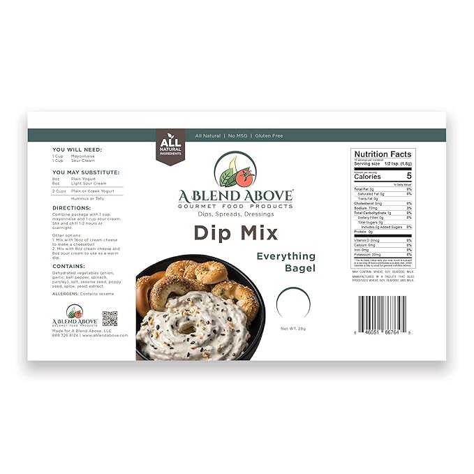 A Blend Above Everything Bagel Dip Mix, 3 Packs, 1 oz. Each, Makes 16 Ounces, Gluten-Free, No MSG, All Natural, No Preservatives, Vegan Friendly, Keto Friendly, Vegetable Dip, Chip Dip, Low Carb, Easy to Make
